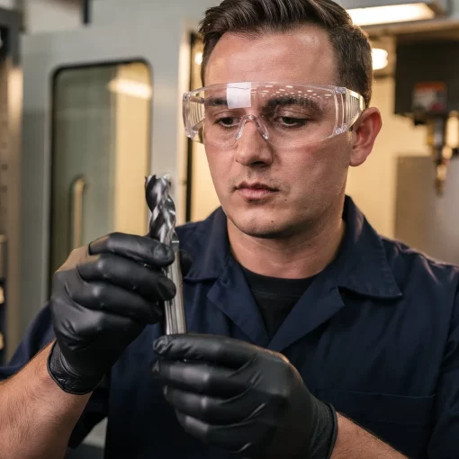 CNC machinist inspecting carbide end mill for wear in a BC machine shop
