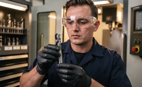 CNC machinist inspecting carbide end mill for wear in a BC machine shop