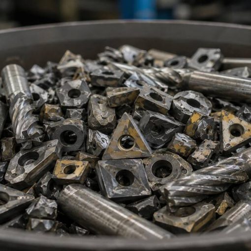 Worn carbide inserts and end mills collected for tungsten recycling