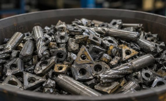 Worn carbide inserts and end mills collected for tungsten recycling